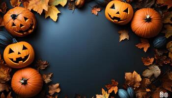 Halloween pumpkin border frame full of jack o lantern pumpkins and dried up autumn leaves for a happy halloween concept. Spooky season of October border frame. Halloween flat lay border frame photo