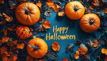 Happy Halloween flat lay with jack o lantern pumpkins and dried up autumnal leaves top view. Flat lay full of halloween things in celebration of this spooky holiday during the month of October photo
