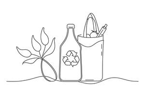 Eco bag with products One line continuous line art illustration on white background. vector