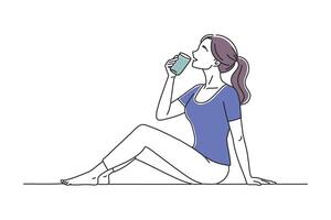 woman seated on the floor, sipping water from a clear glass, appearing relaxed and refreshed in her surroundings doodle continuous line art illustration on white background vector