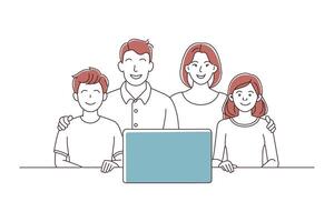 A cheerful family seated at a table, with a blank sign in view, symbolizing togetherness and shared moments doodle continuous line art illustration on white background vector