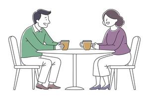 An elderly couple seated at a table, engaged in a warm conversation, surrounded by a cozy atmosphere doodle continuous line art illustration on white background vector