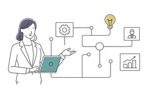 Businesswoman strategizing on how to generate income online through YouTube, showcasing digital entrepreneurship doodle continuous line art illustration on white background. vector