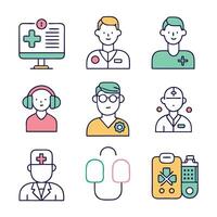 Virtual doctor and telemedicine concept colorful linear icons. color offset line icons flat color outline sign collection set vector