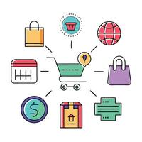 Online shopping and e-commerce concept colorful linear icons. color offset line icons flat color outline sign collection set. vector