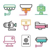 Security camera cctv concept colorful linear icons. color offset line icons flat color outline sign collection set doodle continuous line art illustration on white background. vector