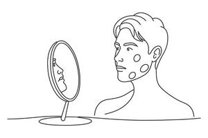 Young man with acne problem looking in mirror One line continuous line art illustration on white background vector