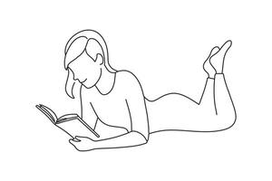 Young female lying on a floor and reading a book One line continuous line art illustration on white background vector