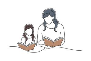 beautiful mother and daughter reading books doodle continuous line art illustration on white background. vector
