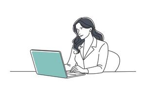Woman seated at a desk, working on a laptop while holding a pen, focused on her task doodle continuous line art illustration on white background vector