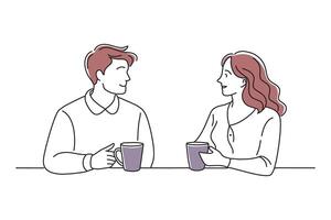 A man and woman engaged in conversation, sharing thoughts and ideas in a friendly manner doodle continuous line art illustration on white background. vector
