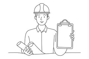 Young architect holding draft blueprint design roll paper and a clipboard One line continuous line art illustration on white background vector