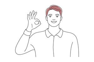 A man is forming an OK gesture with his hands, conveying a positive affirmation or approval doodle continuous line art illustration on white background. vector