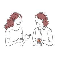 Illustration depicting two women engaged in a conversation, showcasing a friendly and interactive exchange of ideas doodle continuous line art illustration vector