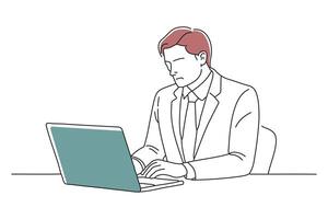 Businessman focused on his laptop while seated at a desk, engaged in work-related tasks doodle continuous line art illustration on white background vector