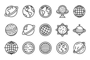 Globe and planet related , black 15 pcs icons set isolated on white background flat illustration vector