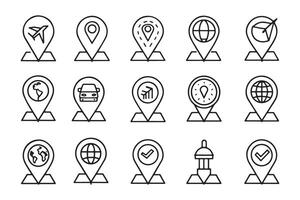 Travel route with map pin pointers related , black 15 pcs icons set isolated on white background flat illustration vector