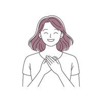Touched positive woman with pleased expression keeps hands on chest doodle continuous line art illustration. vector