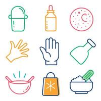 Sprinkling hand gesture. Condiment, salt, sugar, spices concept colorful linear icons. color offset line icons flat color outline sign collection set. vector