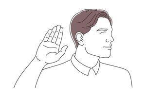 Man is cupping his hand to his ear, indicating he is listening intently to something nearby doodle continuous line art illustration on white background vector