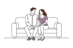 comfortably seated on a couch, sharing a moment of relaxation and companionship together doodle continuous line art illustration on white background. vector