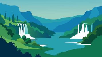 Scenic view of Krka National Park in Croatia, showcasing lush greenery and cascading waterfalls in a serene natural flat illustration. vector