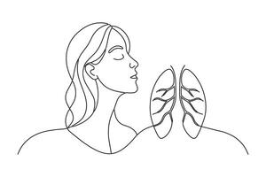 Girl is doing breathing exercise, deep exhale and inhale. Breathing exercise One line continuous line art illustration on white background vector