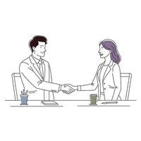 Two confident business man and woman shaking hands during a meeting in the office doodle continuous line art illustration. vector