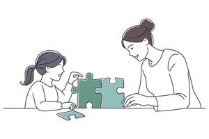 A woman and child examine a puzzle piece together, showcasing a moment of learning and collaboration doodle continuous line art illustration on white background vector