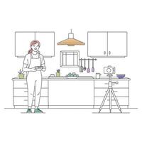blogger in front of came in kitchen doodle continuous line art illustration. vector