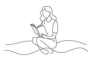 Woman sitting at home on the bed and reading a book One line continuous line art illustration on white background vector