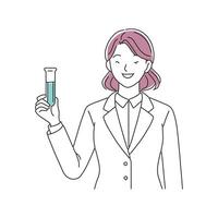 Woman in a lab coat, confidently holding a test tube, representing the field of science and research doodle continuous line art illustration. vector