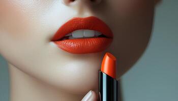 Woman holding a tube of orange lipstick near her lips for a beauty campaign concept. woman holding and applying orange lipstick on her lips for beauty campaign shot. tube of pigmented orange lipstick photo
