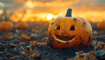 Pumpkin patch during sunset. closeup of fall autumn pumpkin patch full of pumpkins. pumpkins on grass for halloween decoration or food preparation. pumpkin patch decor photo