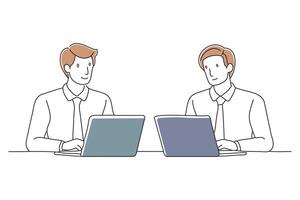 Businessman and a partner engaged in work on their laptops, showcasing teamwork in a contemporary workspace doodle continuous line art illustration on white background vector