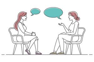 Two women seated on chairs, engaged in conversation, with speech bubbles illustrating their dialogue above them doodle continuous line art illustration on white background vector