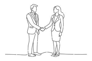 Business man and woman in a suit are shaking hands at the office One line continuous line art illustration on white background. vector