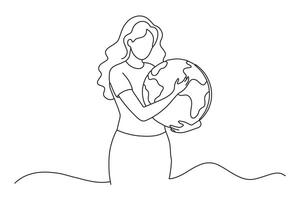 Save the planet. Woman holding planet symbol. Girl hugging globe One line continuous line art illustration on white background vector