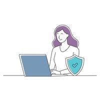 Woman using laptop computer with shield doodle continuous line art illustration vector