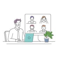 Man talking by chat. Conference call at office doodle continuous line art illustration. vector