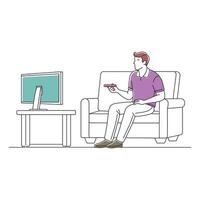 Man on the couch watching tv, changing channels doodle continuous line art illustration vector