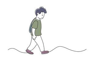 Sad boy walking on the street doodle continuous line art illustration on white background. vector