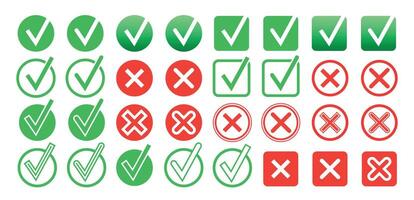 flat green check marks and red crosses icon art illustration. Isolated on white background. vector