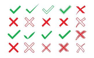 Green check mark collection and red crosses icon illustration, isolated on white background. vector