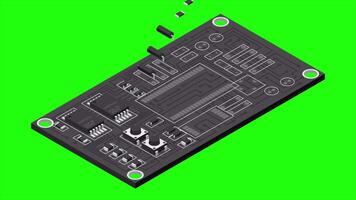 Isometric electronic board animation. Isometric printed circuit board with electronic components. Electronic components and integrated circuit board. 4K animated in isometric style video