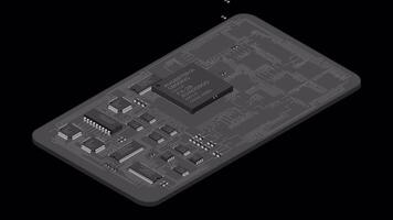 Isometric electronic board animation. Isometric printed circuit board with electronic components. Electronic components and integrated circuit board. Transparent background with alpha channel video