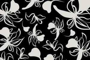 Dark monochromatic floral pattern style with soft white abstract flowers contrast sharply against a black background. This creates a striking. vector