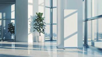 Modern event venue with an empty roll-up mockup poster, perfect for event details or sponsor messages, copyspace, light background. Roll up mockup poster video