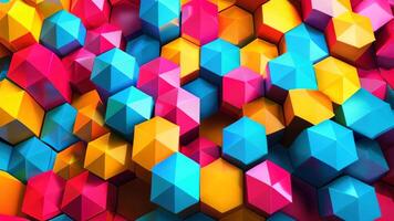 Hexagonal prisms in an abstract 3D geometric tessellation with bright primary colors, seamless pattern, high resolution. 3D geometric pattern video