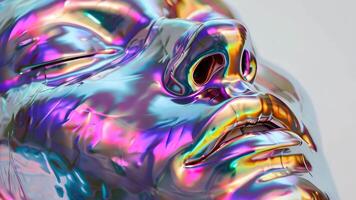 Hyper realistic 3D rendering of beautiful female face in liquid metal with holographic colors and shimmering reflections video